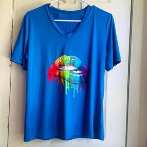Women’s Sapphire Blue V-neck Tee w/ Melting Rainbow  Lips